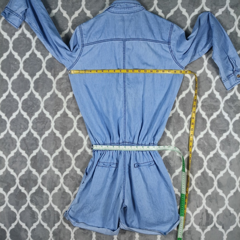 Judy Blue Romper Women Large Blue Chambray Denim Long Sleeve Pockets Drawstring - Picture 7 of 10